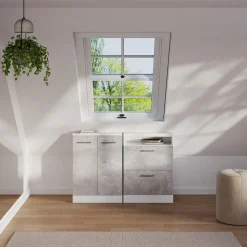 Dachschrägenschrank Rion Beton/Weiß mit 2 Schubladen Vicco