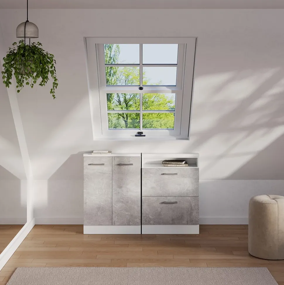 Dachschrägenschrank Rion Beton/Weiß mit 2 Schubladen Vicco