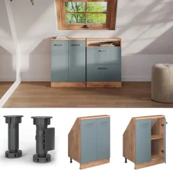 Dachschrägenschrank Rion Blau-Grau/Goldkraft Eiche mit 2 Türen Vicco