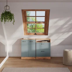 Dachschrägenschrank Rion Blau-Grau/Goldkraft Eiche mit 2 Türen Vicco