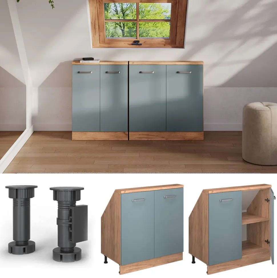 Dachschrägenschrank Rion Blau-Grau/Goldkraft Eiche mit 2 Türen Vicco