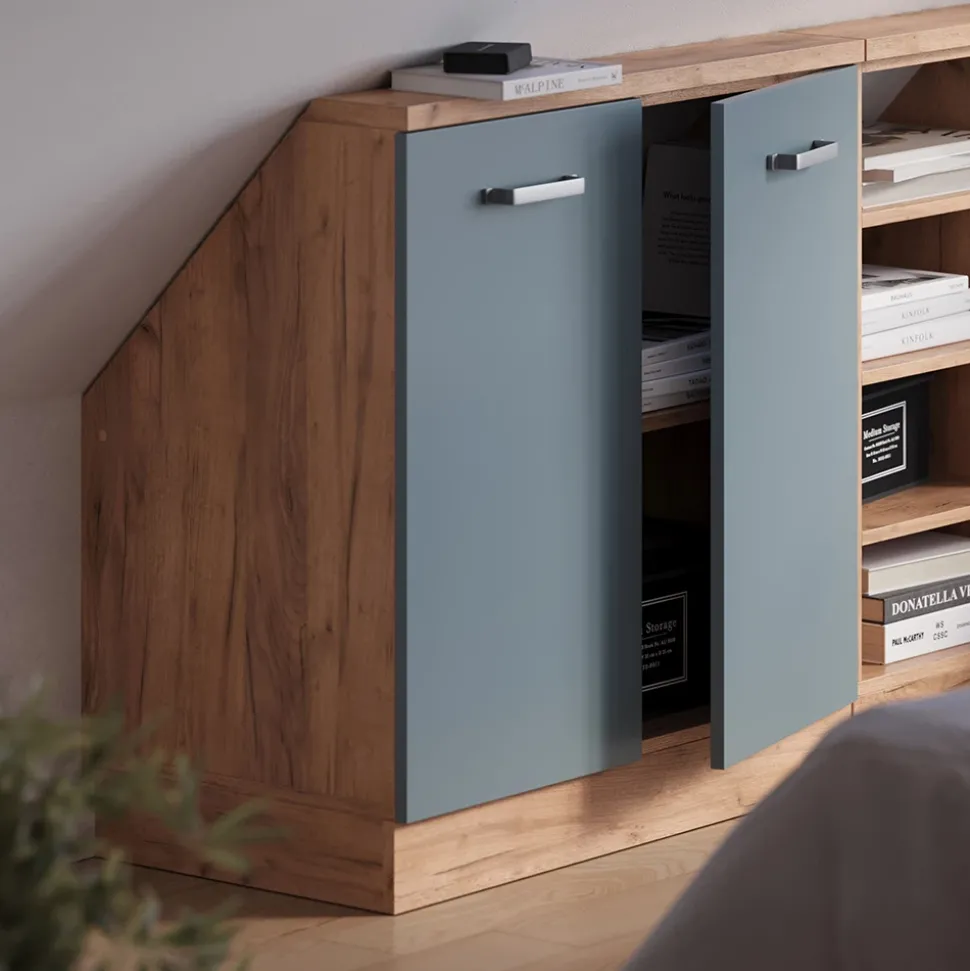 Dachschrägenschrank Rion Blau-Grau/Goldkraft Eiche mit 2 Türen Vicco