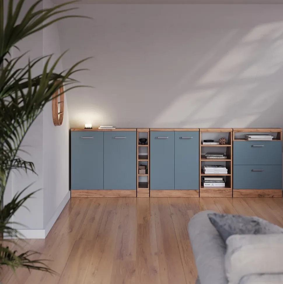 Dachschrägenschrank Rion Blau-Grau/Goldkraft Eiche mit 2 Türen Vicco