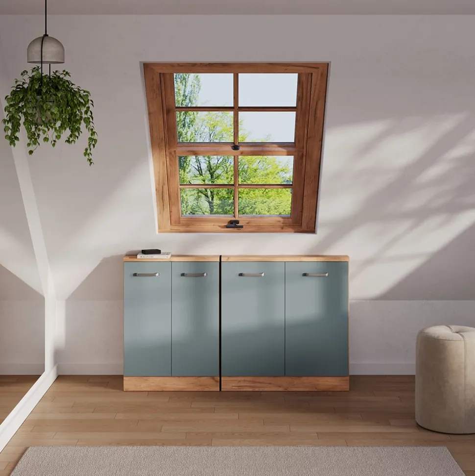 Dachschrägenschrank Rion Blau-Grau/Goldkraft Eiche mit 2 Türen Vicco