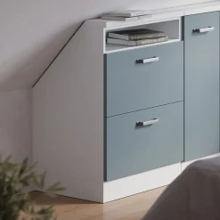 Dachschrägenschrank Rion Blau-Grau/Weiß mit 2 Schubladen Vicco