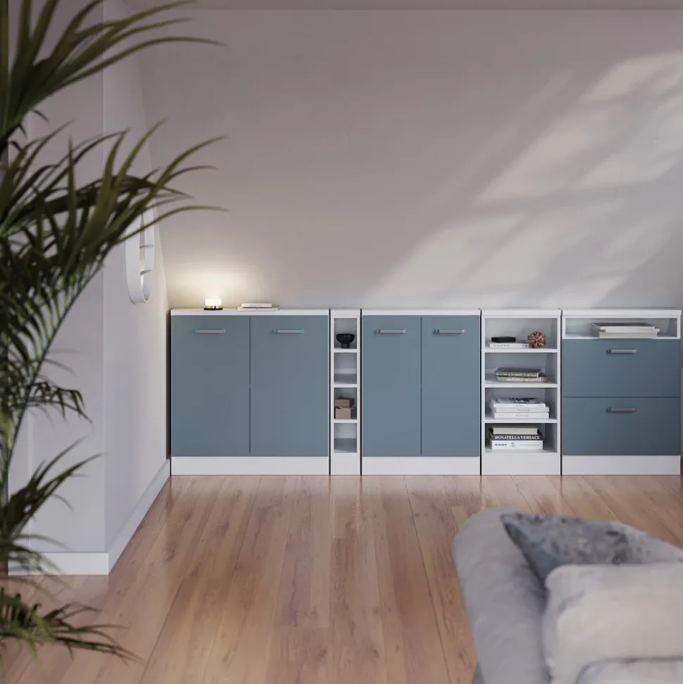 Dachschrägenschrank Rion Blau-Grau/Weiß mit 2 Schubladen Vicco