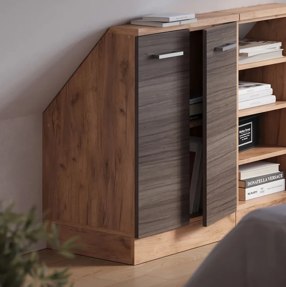 Dachschrägenschrank Rion Edelgrau/Goldkraft Eiche mit 2 Türen Vicco