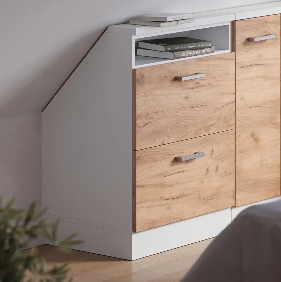 Dachschrägenschrank Rion Goldkraft Eiche/Weiß mit 2 Schubladen Vicco