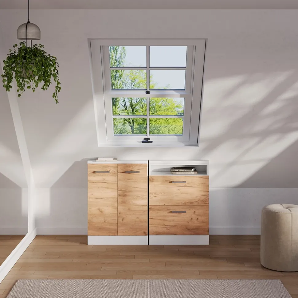 Dachschrägenschrank Rion Goldkraft Eiche/Weiß mit 2 Schubladen Vicco