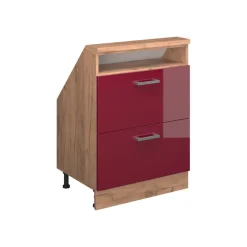 Dachschrägenschrank Rion Rot Hochglanz/Goldkraft Eiche mit 2 Schubladen Vicco