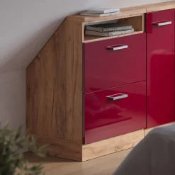 Dachschrägenschrank Rion Rot Hochglanz/Goldkraft Eiche mit 2 Schubladen Vicco