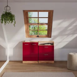 Dachschrägenschrank Rion Rot Hochglanz/Goldkraft Eiche mit 2 Schubladen Vicco