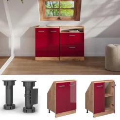 Dachschrägenschrank Rion Rot Hochglanz/Goldkraft Eiche mit 2 Türen Vicco