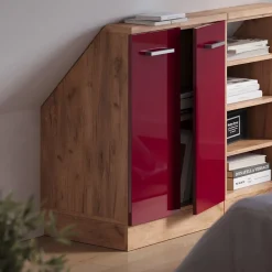 Dachschrägenschrank Rion Rot Hochglanz/Goldkraft Eiche mit 2 Türen Vicco