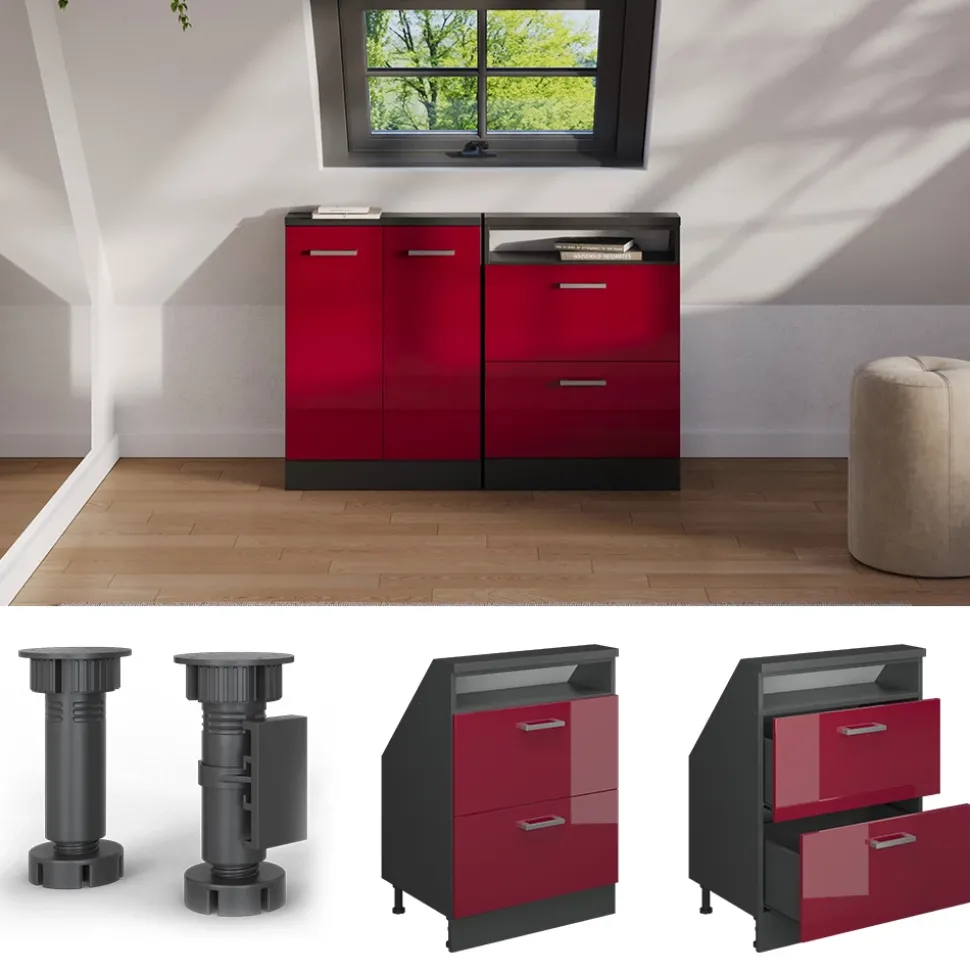 Dachschrägenschrank Rion Rot Hochglanz/Anthrazit mit 2 Schubladen Vicco