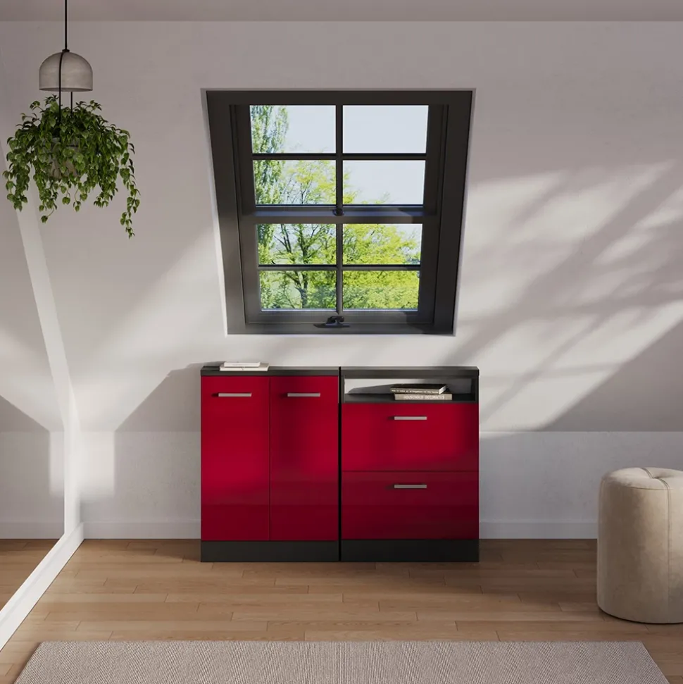 Dachschrägenschrank Rion Rot Hochglanz/Anthrazit mit 2 Schubladen Vicco
