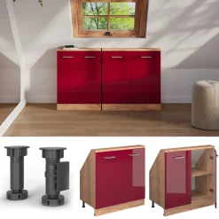 Dachschrägenschrank Rion Rot Hochglanz/Goldkraft Eiche mit 2 Türen Vicco