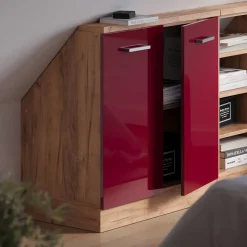 Dachschrägenschrank Rion Rot Hochglanz/Goldkraft Eiche mit 2 Türen Vicco