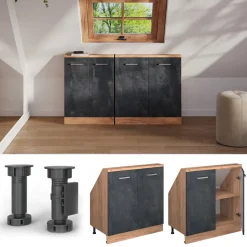 Dachschrägenschrank Rion Schwarz Beton/Goldkraft Eiche mit 2 Türen Vicco