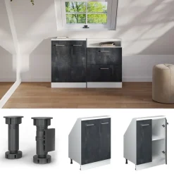 Dachschrägenschrank Rion Schwarz Beton/Weiß mit 2 Türen Vicco