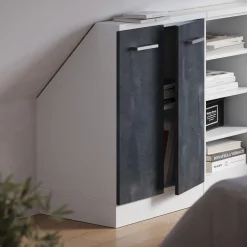 Dachschrägenschrank Rion Schwarz Beton/Weiß mit 2 Türen Vicco