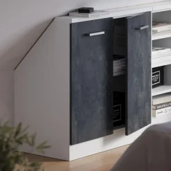 Dachschrägenschrank Rion Schwarz Beton/Weiß mit 2 Türen Vicco