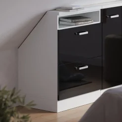 Dachschrägenschrank Rion Schwarz Hochglanz/Weiß mit 2 Schubladen Vicco