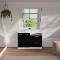 Dachschrägenschrank Rion Schwarz Hochglanz/Weiß mit 2 Schubladen Vicco