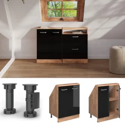 Dachschrägenschrank Rion Schwarz Hochglanz/Goldkraft Eiche mit 2 Türen Vicco