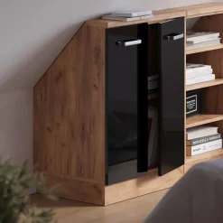 Dachschrägenschrank Rion Schwarz Hochglanz/Goldkraft Eiche mit 2 Türen Vicco