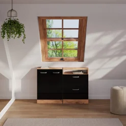 Dachschrägenschrank Rion Schwarz Hochglanz/Goldkraft Eiche mit 2 Türen Vicco