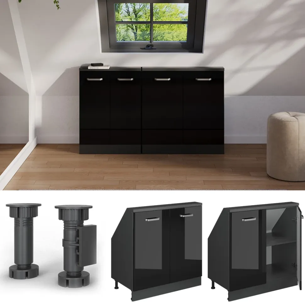 Dachschrägenschrank Rion Schwarz Hochglanz/Anthrazit mit 2 Türen Vicco