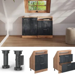 Dachschrägenschrank Rion Schwarz Beton/Goldkraft Eiche mit 2 Schubladen Vicco