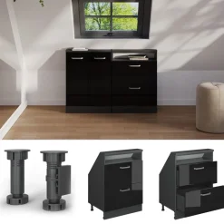 Dachschrägenschrank Rion Schwarz Hochglanz/Anthrazit mit 2 Schubladen Vicco