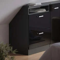 Dachschrägenschrank Rion Schwarz Hochglanz/Anthrazit mit 2 Schubladen Vicco