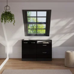 Dachschrägenschrank Rion Schwarz Hochglanz/Anthrazit mit 2 Schubladen Vicco