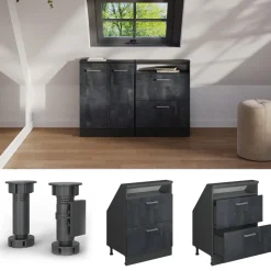 Dachschrägenschrank Rion Schwarz Beton/Anthrazit mit 2 Schubladen Vicco