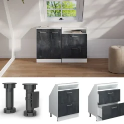 Dachschrägenschrank Rion Schwarz Beton/Weiß mit 2 Schubladen Vicco