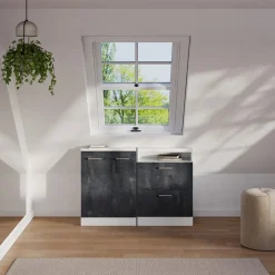 Dachschrägenschrank Rion Schwarz Beton/Weiß mit 2 Schubladen Vicco