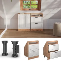 Dachschrägenschrank Rion Weiß Landhaus/Goldkraft Eiche mit 2 Schubladen Vicco