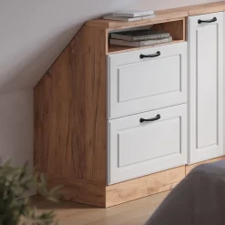 Dachschrägenschrank Rion Weiß Landhaus/Goldkraft Eiche mit 2 Schubladen Vicco