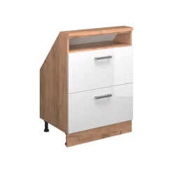 Dachschrägenschrank Rion Weiß Hochglanz/Goldkraft Eiche mit 2 Schubladen Vicco