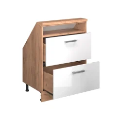 Dachschrägenschrank Rion Weiß Hochglanz/Goldkraft Eiche mit 2 Schubladen Vicco