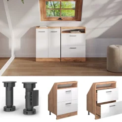 Dachschrägenschrank Rion Weiß Hochglanz/Goldkraft Eiche mit 2 Schubladen Vicco