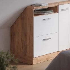Dachschrägenschrank Rion Weiß Hochglanz/Goldkraft Eiche mit 2 Schubladen Vicco