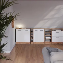 Dachschrägenschrank Rion Weiß Hochglanz/Goldkraft Eiche mit 2 Schubladen Vicco