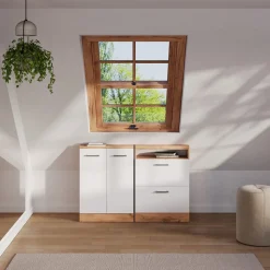 Dachschrägenschrank Rion Weiß Hochglanz/Goldkraft Eiche mit 2 Schubladen Vicco