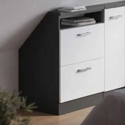 Dachschrägenschrank Rion Weiß Hochglanz/Anthrazit mit 2 Schubladen Vicco