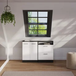 Dachschrägenschrank Rion Weiß Hochglanz/Anthrazit mit 2 Schubladen Vicco