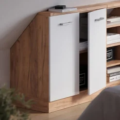 Dachschrägenschrank Rion Weiß Hochglanz/Goldkraft Eiche mit 2 Türen Vicco